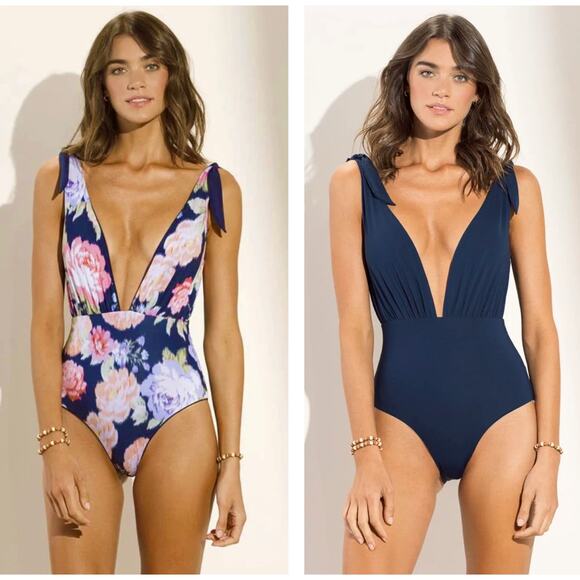Maaji Size 2XL Deep Ocean Faena Plunge One Piece Swimsuit Reversible Blue Floral - Picture 1 of 10